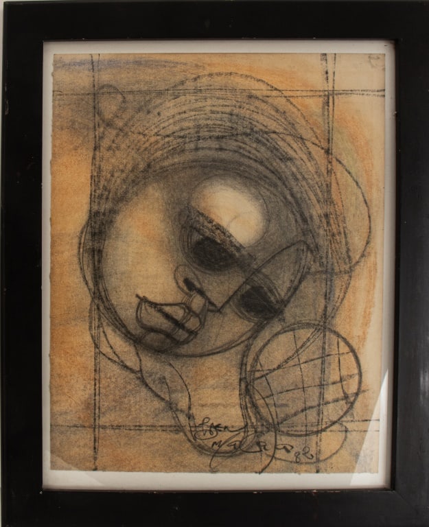 Ben Macala Modernist Figure Charcoal on Paper: Ben Macala (South African, 1938-1997), Modernist Figure, Charcoal on Paper, 1982, signed and dated lower right, black frame. Image: 12.5" H x 10" W; frame: 16" H x 13" W. Provenance: From a New York C