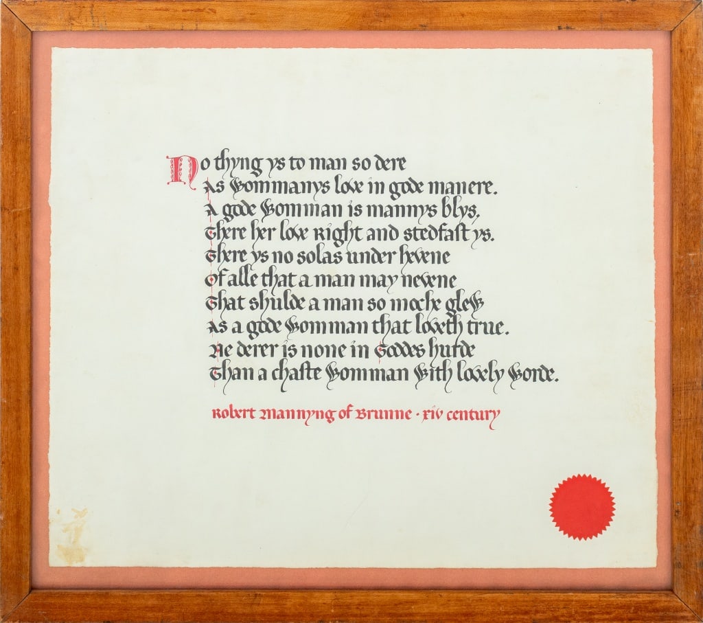 Catherine Foumier "Praise Woman" Calligraphy: Catherine Foumier (American, XX), "Praise Woman", Calligraphy, 1958-1959, after the original poem by Robert Mannying, signed to verso, along with Art Students League of New York label, wood frame. Ima