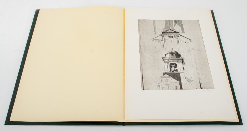 Italian "Parrochiale Bramantesca" Lithograph: Italian School, "Parrochiale Bramantesca (1509)", Lithograph, from Bottega d'Arte di Riccardo Ranaboldo - Loazzolo (Asti), depicting a steeple in Italy, signed lower right, housed in a green portfolio