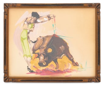 Mid-Century Modern Bullfight Gouache on Paper