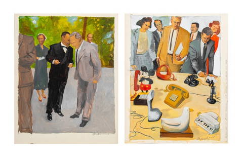 Michael Paraskevas Figural Compositions Acrylic, 2: Michael Paraskevas (American, b. 1961), Two Figural Compositions, Acrylic on illustration board, comprising: office scene with phones, 1988, signed and dated lower right and black tie event, 1986, sig