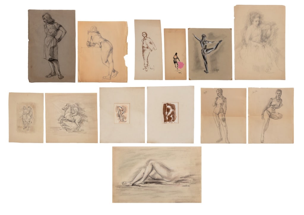 Collection of Figural Compositions Mixed Media, 13: Collection of 13 Figural Compositions, Mixed Media on Paper, including: ballerina signed L. Sequoia, partial reclining nude signed "Chasseriau", two equestrian studies, and two sketches of figure hunc