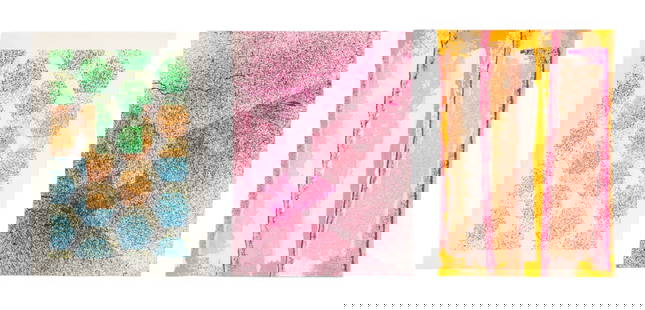 Illegibly Signed Abstract Screenprints, 3: 20th Century School, Three Abstract Compositions, Screenprint, comprising: pink, white, and orange vertical design, illegibly signed in pencil lower right, numbered edition "35 / 100" lower left, vari