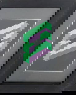 Victor Vasarely Style Geometric Serigraph: Victor Vasarely Style, Geometric Composition, Serigraph in Colors on Paper, purple and green composition on black ground, apparently unsigned, ebonized wood frame. Image: 7.5" H x 5.5" W; frame: 13" H