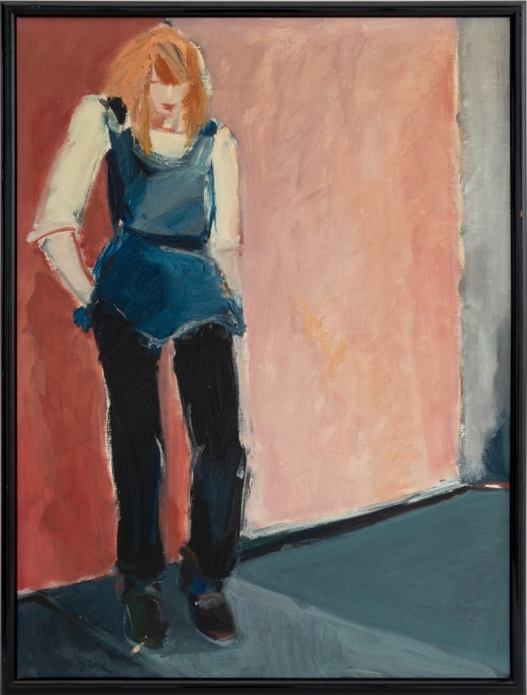Agnes Preston-Brame Standing Woman Oil on Canvas: Agnes Preston-Brame (Hungarian/American, XX-XXI), Portrait of a Standing Red-Haired Woman, Oil on Canvas, circa 1980, signed lower left, black frame. Image: 39.5" H x 29.5" W; frame: 41.5" H x 31.5" W