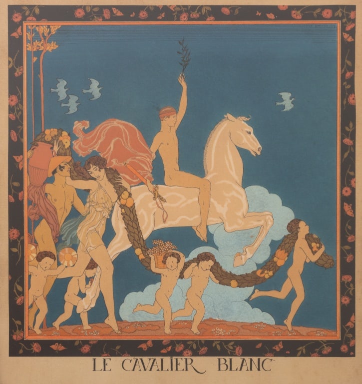 George Barbier "Le Cavalier Blanc" Pochoir, 1916: George Barbier (French, 1882-1932), "Le Cavalier Blanc" [The White Rider], Pochoir Print in Colors on Paper, 1916, titled and numbered edition "192/500" lower right, ebonized wood frame. Image: 11.25"