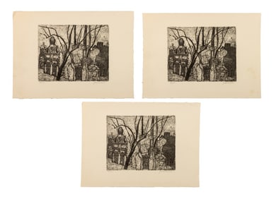 Illegibly Signed Cemetery Scene Engravings, 3