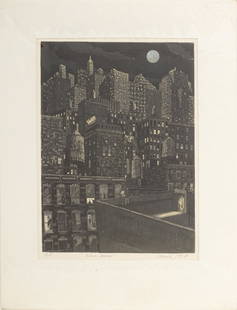 John Dorish "Blue Moon" Lithograph, 1994: John Dorish (American, b. 1947), "Blue Moon", Lithograph on Paper, 1994, depicting rooftop view of New York City, marked "A.P." lower left, titled to center, signed and dated in pencil lower right, Ar