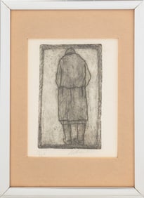 Illegibly Signed Man in Coat Etching, 20th C.