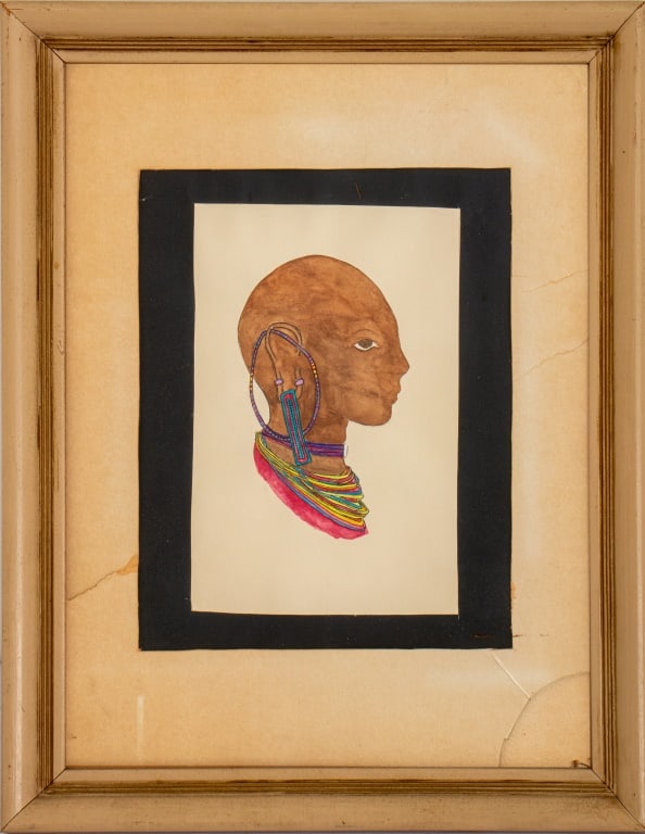 Profile of a Maasai Woman Watercolor on Paper: Artist Unknown, Profile of a Maasai Woman, Watercolor on Paper, unsigned, verso with Georges Braque (French, 1882-1963) print of lemons, signed lower right, painted wood frame. Image: 9" H x 5.5" W; f