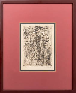 Jacques Herold "Abstract Figure" Etching, 1951: Jacques Herold (French, 1910-1987), "Abstract Figure", Etching on Laid Paper, published by Editions de Minuit, numbered edition lower left "30/100", signed in pencil lower right "J. Herold", wood fram