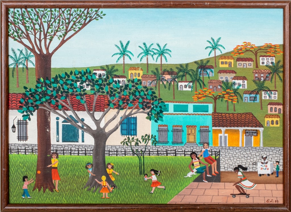 Elisabeth Liechti "Tio Rico" Acrylic on Board: Elisabeth Leichti (XX), "Tio Rico", Acrylic on Board, 1983, signed lower right, wood frame. Image: 9.5" H x 10.75" W; frame: 10.5" H x 14.5" W. Provenance: Property from a Mount Kisco Collection. Keyw