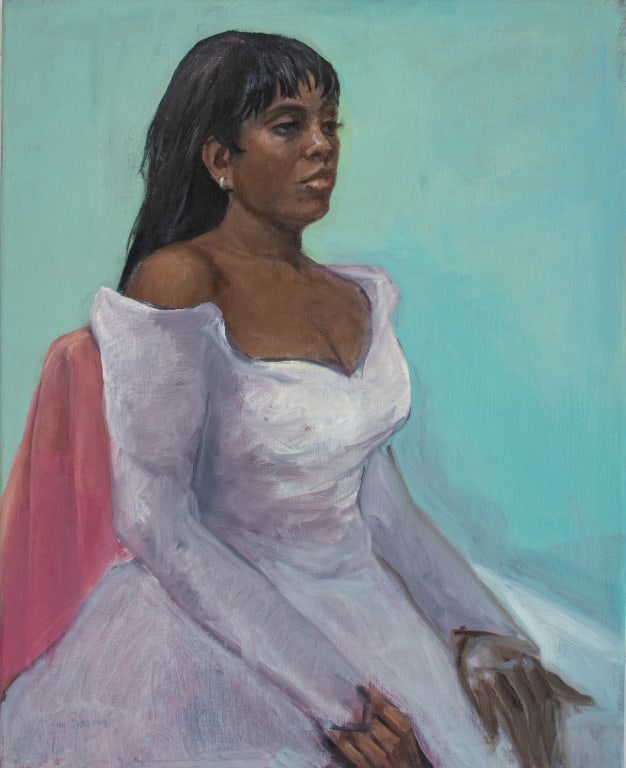 Penny Purpura Lady in White Dress Oil on Canvas: Penny Purpura (American, XX-XXI) Portrait of a Lady in a White Gown Dress, Oil on Canvas, signed to verso, unframed. 30" H x 24" W. Provenance: Property from the estate of the artist. Keywords: Painti