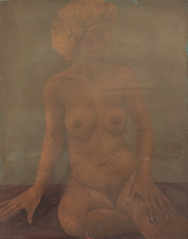 Penny Purpura Nude Woman in Fog Oil on Canvas: Penny Purpura (American, XX-XXI), Portrait of a Seated Nude Woman in Fog, Oil on Canvas, signed to edges, unframed. 30" H x 24" W. Provenance: Property from the estate of the artist. Keywords: Paintin