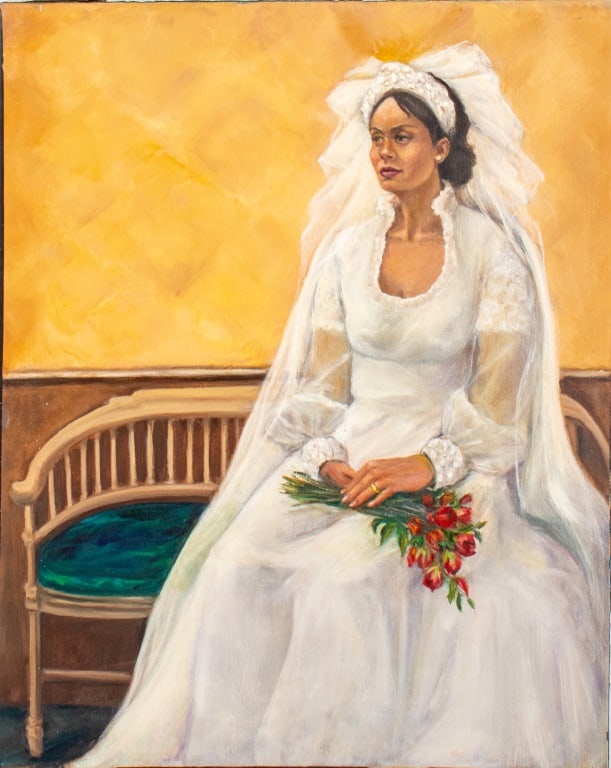 Penny Purpura Portrait of a Bride Oil on Canvas: Penny Purpura (American, XX-XXI), Portrait of a Bride, Oil on Canvas, apparently unsigned, unframed. 30" H x 24" W. Provenance: Property from the estate of the artist. Keywords: Painting, Oil painting