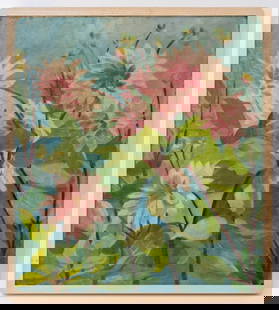 Post-Impressionist Dahlias Oil on Canvas, 1986: 20th Century School, Post-Impressionist Dahlias, Oil on Canvas, 1986, signed "HR" and dated in pencil lower left, with landscape painting to the verso, wood frame. Image: 25.5" H x 22.75" W; frame:27"