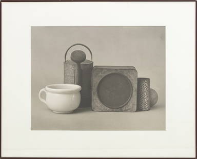 John Gruen "Still Life" Gelatin Silver Print: John Gruen (American, b. France, 1926-2016), "Still Life" (Watering Can and Vessels), Gelatin Silver Print, apparently unsigned, black patinated metal frame. Image: 13" H x 17" W; frame: 20.25" H x 25