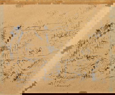 Giovanni Omiccioli House and Garden Ink on Paper: Giovanni Omiccioli (Italian, 1901-1975), House and Garden, Ink on Paper, signed lower left, unframed. 9.5" H x 11.5" W. Provenance: From a Fifth Avenue Collection. Keywords: Drawing, Works on Paper, L