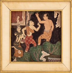 Thai Outdoor Figural Scene Gouache on Canvas