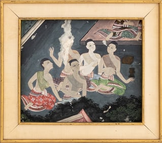 Thai Seated Female Figures Gouache on Canvas