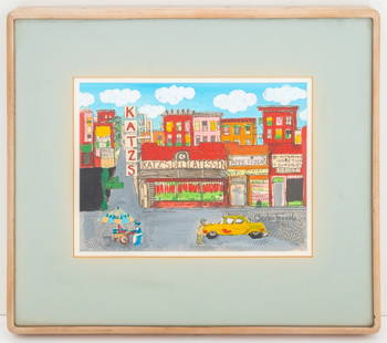 Charles Fazzino Katz's Delicatessen Mixed Media: Charles Fazzino (American, b. 1955), Katz's Delicatessen, Mixed Media on Paper, 1981, ink, marker, and acrylic, signed and dated lower right, cerused wood frame. Image: 9" H x 12" W; frame: 17" H x 19