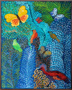 Maria Grauben do Monte Lima Oil on Canvas, 1969: Maria Grauben do Monte Lima (Brazilian, 1889-1972), Butterflies, Birds, and Foliage, Oil on Canvas, 1969, signed and dated lower right, wood frame. Image: 31.5" H x 25" W; frame: 32.25" H x 26" W. Pro