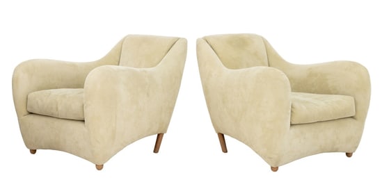 Matthew Hilton Green Suede Balzac Armchairs, Pair