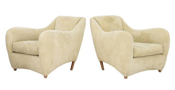 Matthew Hilton Green Suede Balzac Armchairs, Pair: Pair of Matthew Hilton Pale Green Suede Upholstered Balzac Arm Chairs. 30" H x 32" W x 38" D; seat: 18" H. Provenance: From a Chelsea, New York City Collection. Keywords: Modern Furniture, Vintage Fur