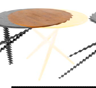 Jurg Bally Walnut & Beech "S.T." Adjustable Table: Jurg Bally Walnut and Beech "S.T." Adjustable Table, 1950s, with tripod leg base and brass height adjusting mechanism to the underside. Adjustment rod replaced. 27.75" (Highest) to 20" (Lowest) x 39.2