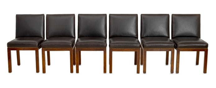 John Widdicomb Brown Leather Dining Chairs, 6