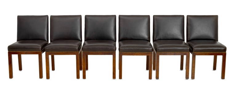 John Widdicomb Brown Leather Dining Chairs, 6: Set of Six John Widdicomb Chocolate Brown Leather Upholstered Dining Chairs, each with riveted trim and "John Widdicomb Co. / Makers of Fine Furniture / Grand Rapids" plaque to underside. 33" H x 18.5