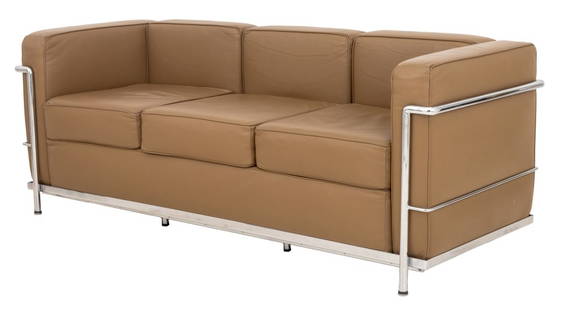 Le Corbusier "LC3" Leather & Chrome Sofa: Le Corbusier "LC3" Brown Leather and Chrome-Plated Three Seat Sofa, unknown manufacturer. 21.25" H x 71.25" W x 26.5" D; seat: 17.75" H. Provenance: From a Fifth Avenue Collection. Keywords: Modern Fu