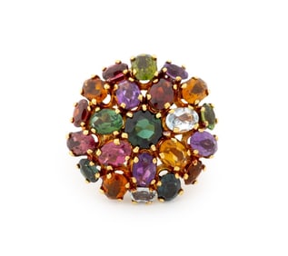 18K Yellow Gold Multicolored Gemstone Cluster Ring