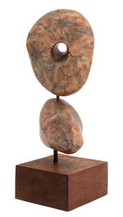 Modern Abstract Pink Alabaster Stone Sculpture: Modern Abstract Pink Veined Alabaster Stone Sculpture, two stones mounted on wood plinth, apparently unsigned. 16" H x 6" W x 6" D. Provenance: From a 5th Avenue Estate. Keywords: Statue, Carving, Hag