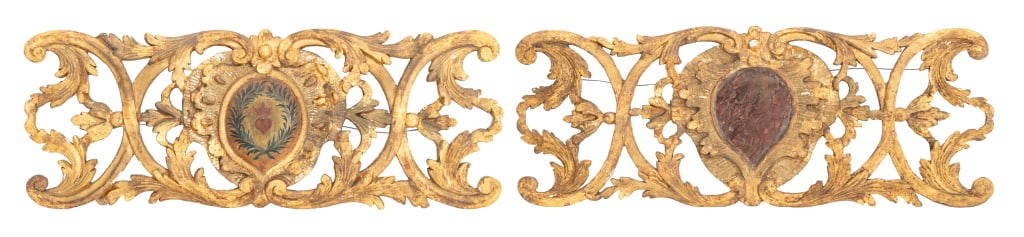 French Painted Giltwood Architectural Elements, 2: Pair of French Polychrome Painted Giltwood Architectural Elements, 18th century, one centering a vignette of a heart aflame. 12.5" H x 32.25" W x 1" D. Provenance: Property from the residence of the