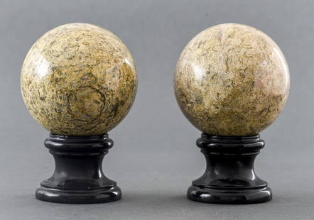 Grand Tour Style Polished Stone Spheres, Pair: Pair of Grand Tour Style Polished Stone Spheres, on ebonized socle bases. Overall good condition, wear commensurate with age and use. Overall: 7.25" H x 5" Diameter. Provenance: From a New York City