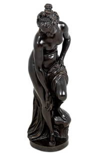 Christophe Allegrain "Venus au Bain" Bronze: Christophe-Gabriel Allegrain (French, 1710-1795) "Venus au Bain" Patinated Bronze Sculpture, late 19th century, on a circular base, signed "Allegrain". 34" H x 11" W x 14" D. Note: Based on ancient
