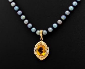 14K Gold Pearl Necklace & Citrine Diamond Enhancer