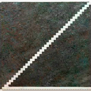 Andy Miller Abstract Composition Oil on Canvas: Andy Miller (American, b. 1950), Abstract Square Composition, Oil on Canvas, heavy impasto details, deep pine green with maroon and turquoise highlights, with artist's studio stamp to verso, apparentl
