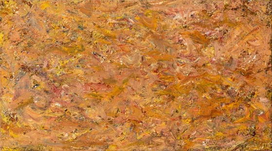 Andy Miller Abstract Composition Oil on Canvas: Andy Miller (American, b. 1950), Abstract Composition, Oil on Canvas, impasto details, warm yellow-greens and pinks, with artist's studio stamp to verso, apparently unsigned, unframed. 22" H x 40" W.