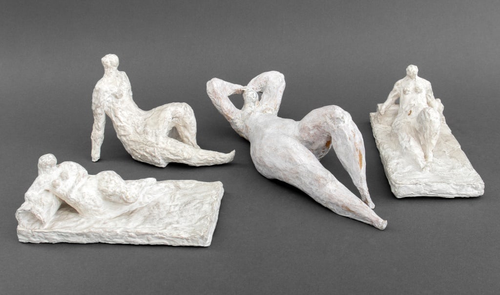 Elfi Schuselka Figural Mixed Media Sculptures, 4: Elfi Schuselka (Austrian, b. 1940), Four Figural Mixed Media Sculptures, two nude women on flat beds, one nude woman, and one lounging woman with skirt marked "Studio Elfi Schuselka" to underside. Lar
