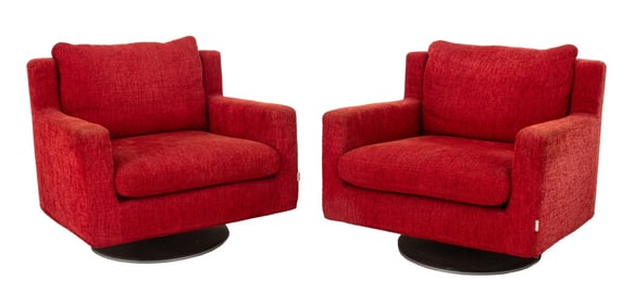 Felicerossi Red Chenille Swivel Club Chairs, Pair