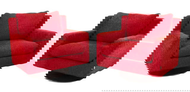Felicerossi Red Chenille Swivel Club Chairs, Pair: Pair of Felicerossi Red Chenille Upholstered Swivel Club Chairs, atop rotating metal pedestal bases, with "Felicerossi" labels. 26" H x 29" W x 31" D; seat: 15.5" H. Provenance: From a TriBeCa Penthou