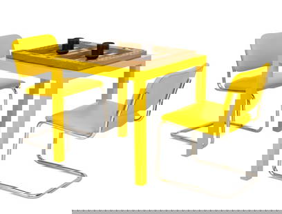 Werner Kammer Yellow & Chrome Backgammon Set: Werner Kammer Yellow and Chrome Metal Four-Piece Backgammon Furniture Set, comprising: square table, 1976, marked "Custom Made by Werner Kammer / 1976" to the underside, pair of yellow leather upholst