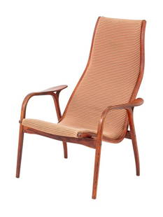 Yngve Ekstrom for Illums Bolighus Lounge Chair: Yngve Ekstrom for Illums Bolighus Lamino Lounge Chair, No. 18292, circa 1959, upholstered seat and back and oak frame, "Illums Bolighus / Kobenhavn" plaque label to underside. 38.5" H x 27.25" W x 29"