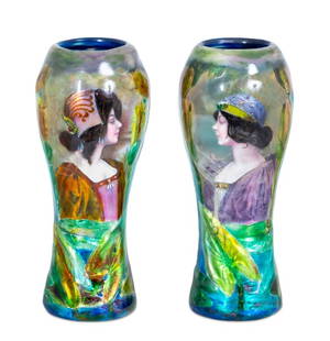 Camille Faure Attr. Enamel Portrait Vases, Pair: Pair of Camille Faure (French, 1874-1956) Attributed Art Nouveau Enamel Portrait Vases, early 20th century, each depicting bust of dark haired woman surrounded by lily pads and blossoms, unsigned.