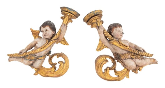 French Cherub Painted Giltwood Appliques, Pair