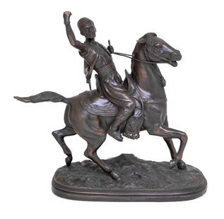 Auguste Moreau "The Falconer" Bronze: Auguste Moreau (French, 1834-1917) "The Falconer" Patinated Bronze Sculpture, 20th century, the equestrian figure on horseback, on an oval base, unsigned, lacking the falcon. 24" H x 26" W x 9" D. Key