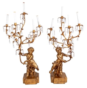 Gilt Composition Cherub Five-Branch Lamps, Pair