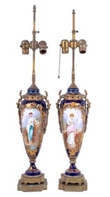 Sevres Blue Ground Porcelain Vases as Lamps, Pair